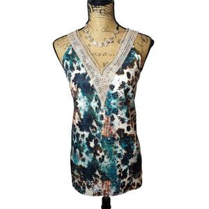Womens Tie-Dye Sleeveless Top S V-Neck  Crochet Details  Multicolor Chic Unique